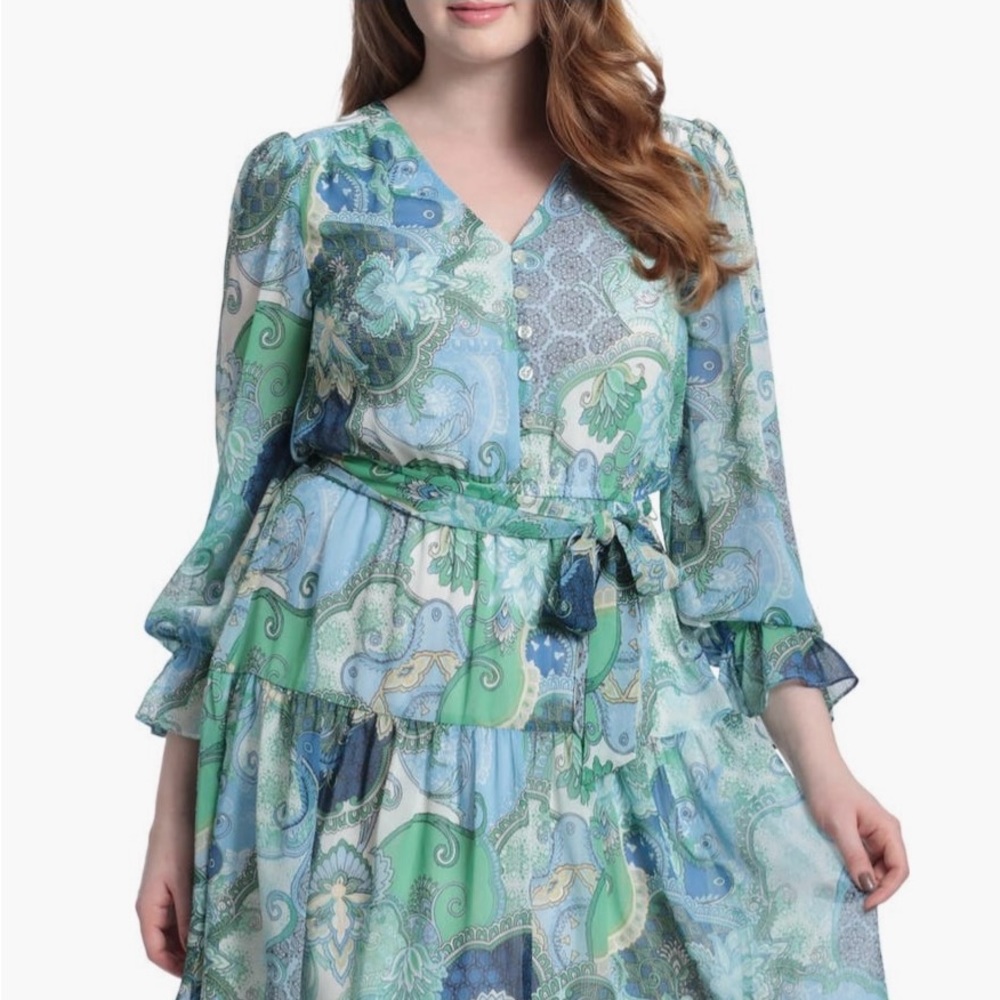 London Times Bubble Mini Dress in Paisley Blue and Green